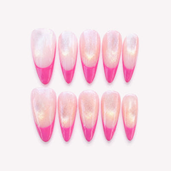 Girly Party Glam pink French tip press-on nails with hot pink tips and pearlescent shimmer.