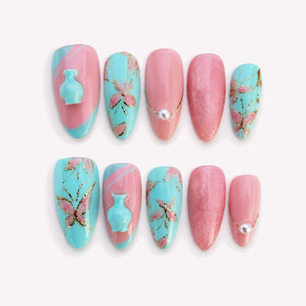 Pastel Bloom Vase cute butterfly nails with aqua and peach tones, gold outlines and raised vase accents.