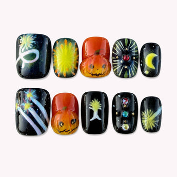 Celestial Pumpkin Night 3D Halloween nails with raised orange pumpkins, moon and starburst details.