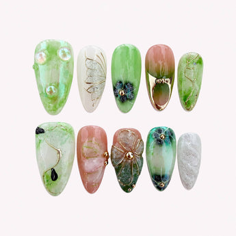 Verdant Reverie green jelly nails with translucent green layers and 3D florals