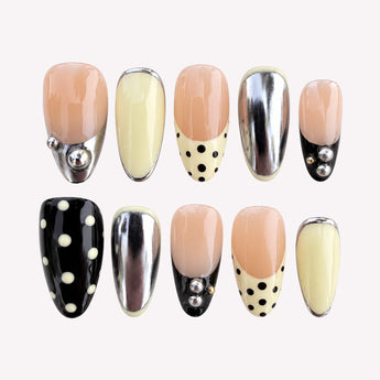 Mercury Pop nude chrome nails with mirror-like silver, polka dots and raised sphere accents