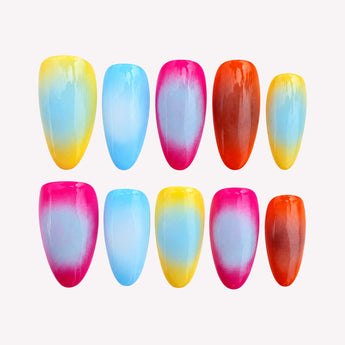 Color Carousel press-on nails with blue centers, yellow and pink color halos, orange accents and a glossy finish.