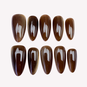 Smoked Mocha press on nails in chocolate brown with fine cat eye shimmer.