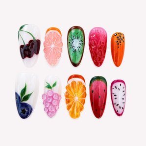 Juicy Market Day cute fruit nails with 3D cherries, citrus, grapes, watermelon and jelly fruit details.