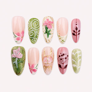 Roseglass Herbarium pink floral nails with raised pink blooms, olive leaves, burgundy details, and gold-tone lines